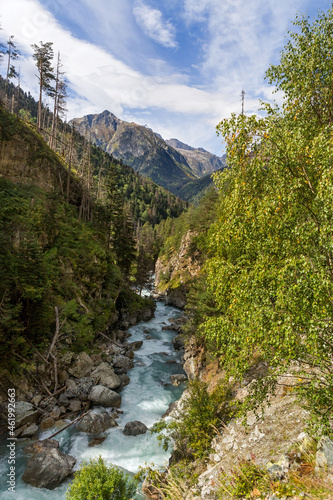 Mountain river flows through the gorge