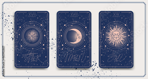 Banner with tarot cards The sun, the star, the moon. Mystical frame for astrology, fortune telling, esotericism. Vector doodle illustration, hand drawing.