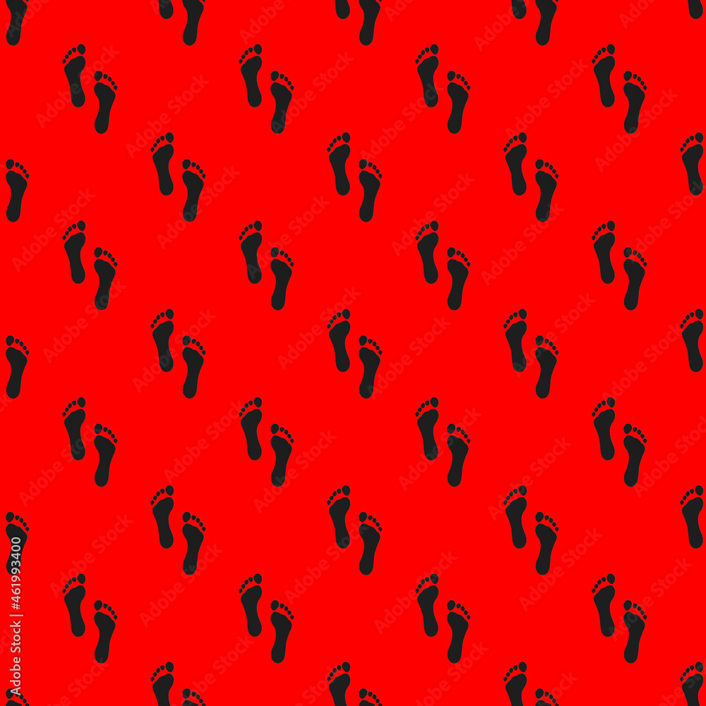 the trace of a man on a red background. black trail. seamless drawing of images of a human footprint on a red background. top view on the trail.3d rendering. 3d image.
