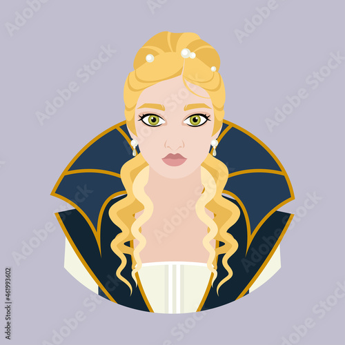 Avatar of a medieval blonde woman in a blue high collar and a dress embroidered with gold. Historical costume. Flat vector illustration.