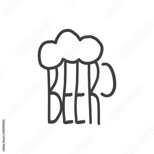 Banner con texto manuscrito Beer con forma de jarra de cerveza con espuma en color gris