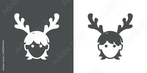 Icono plano con silueta de cara de mujer con diadema de cornamenta de reno en fondo gris y fondo blanco