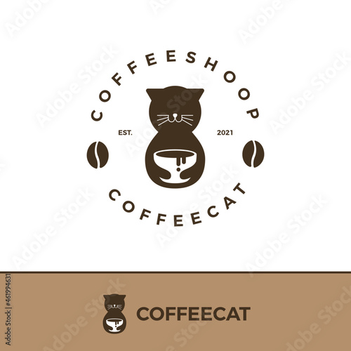 Cat and cup Coffee Logo Identity.  Cat holding cup coffee Logo for coffee shop