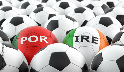 Portugal vs. Ireland Soccer Match - Leather balls in Portugal and Ireland national colors. 3D Rendering 