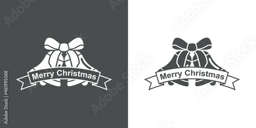 Logotipo con texto Merry Christmas en español en cinta con campanas de Navidad con lineas en fondo gris y fondo blanco