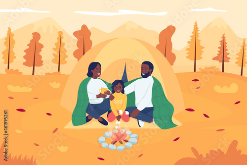 Family camping in autumn flat color vector illustration. Mother and father sitting with kid in front of campfire. Happy parents with child 2D cartoon characters with landscape on background