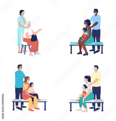 Family on doctor visit semi flat color vector character set. Posing figures. Full body people on white. Waiting isolated modern cartoon style illustration for graphic design and animation collection