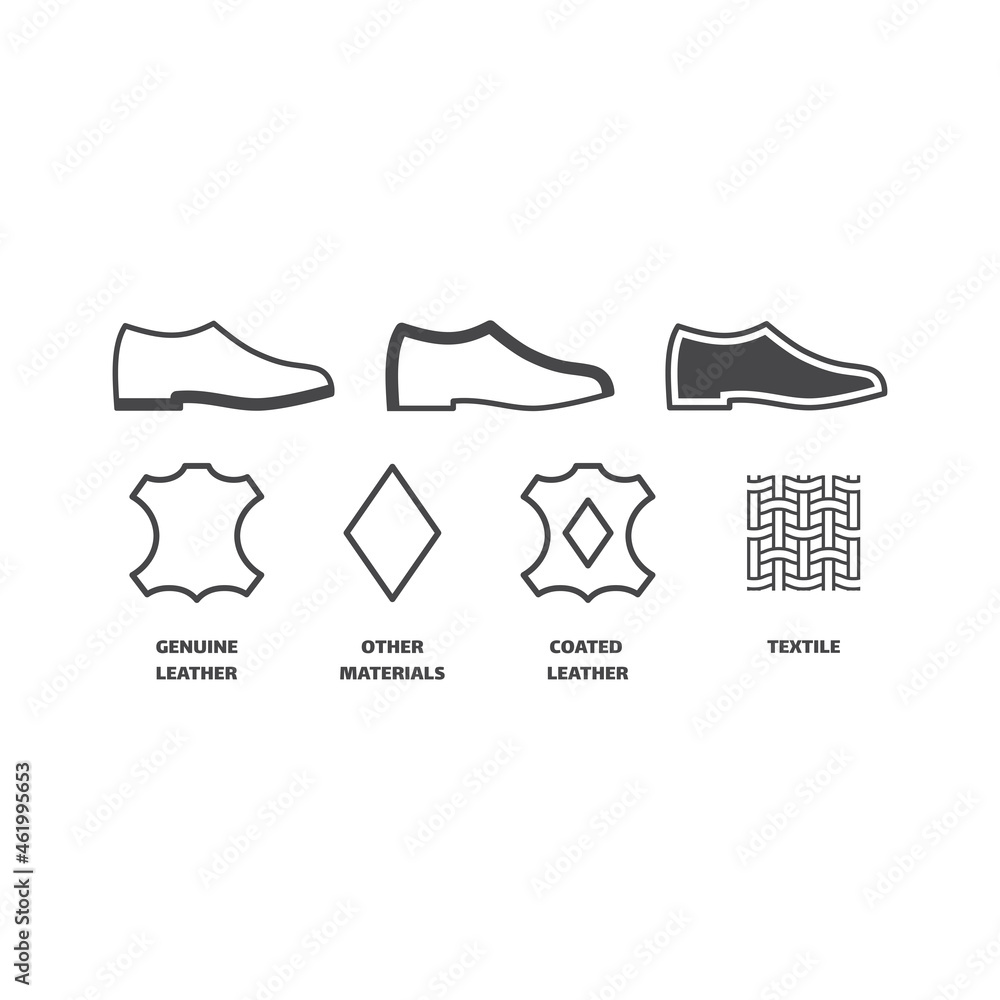 Shoe materials black vector icon set. Shoes with genuine leather, textile  symbols. Stock Vector | Adobe Stock