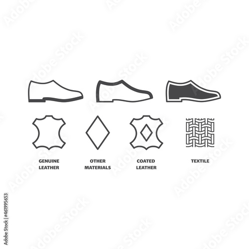 Shoe materials black vector icon set. Shoes with genuine leather, textile symbols.