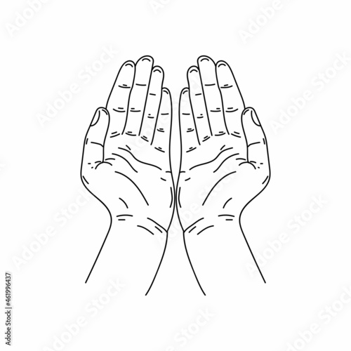 Drawing, engraving, ink, line art, linear, vector illustration prayer hands open up to sky icon sketch in silhouette on a white background.