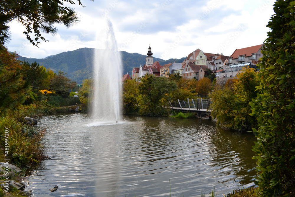 Fronleiten, a beautiful tourist town in Austria. Lake and fountain in the park.