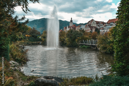 Fronleiten, a beautiful tourist town in Austria. Lake and fountain in the park.