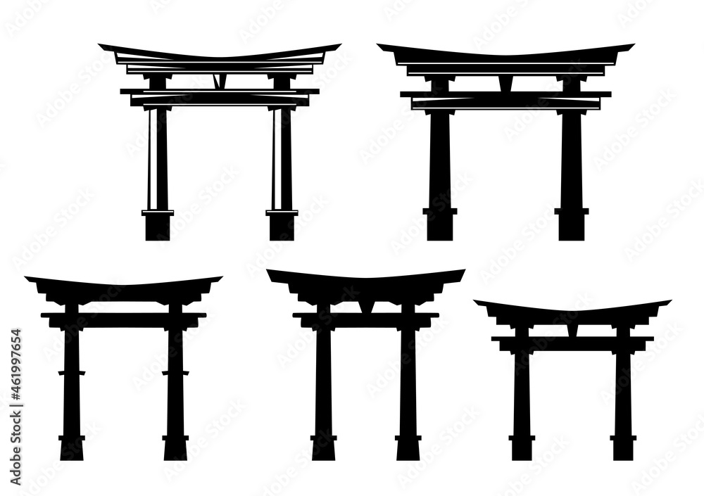 traditional japanese torii gate entrance to shinto shrine - black and white vector outline and silhouette design set - obrazy, fototapety, plakaty 