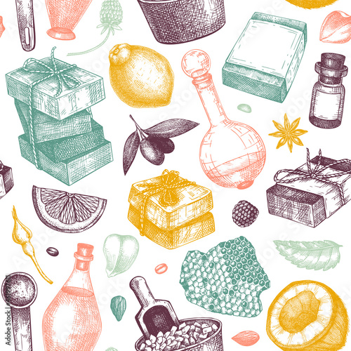 Hand-sketched soap seamless patterns in color. Natural ingredients and aromatic materials background for cosmetics, perfumery, soap. Great for branding, packaging, identity, web banners.