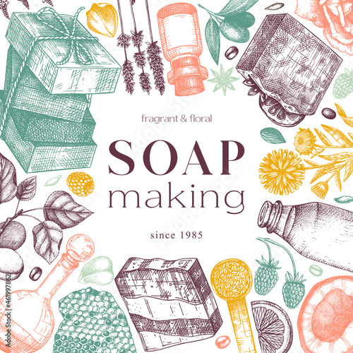 Organic soap frame design in colors. Hand-sketched aromatic materials and natural ingredients for cosmetics, perfumery. Great for branding, packaging, identity, web banners. Soap card template