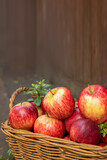 red and yellow fresh apples on natural background outdoors, healthy eating, autumn harvest, farming. 
