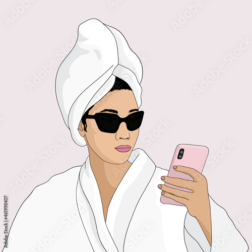 Girl in a bathrobe with a towel on hair and sunglasses holding phone vector illustration