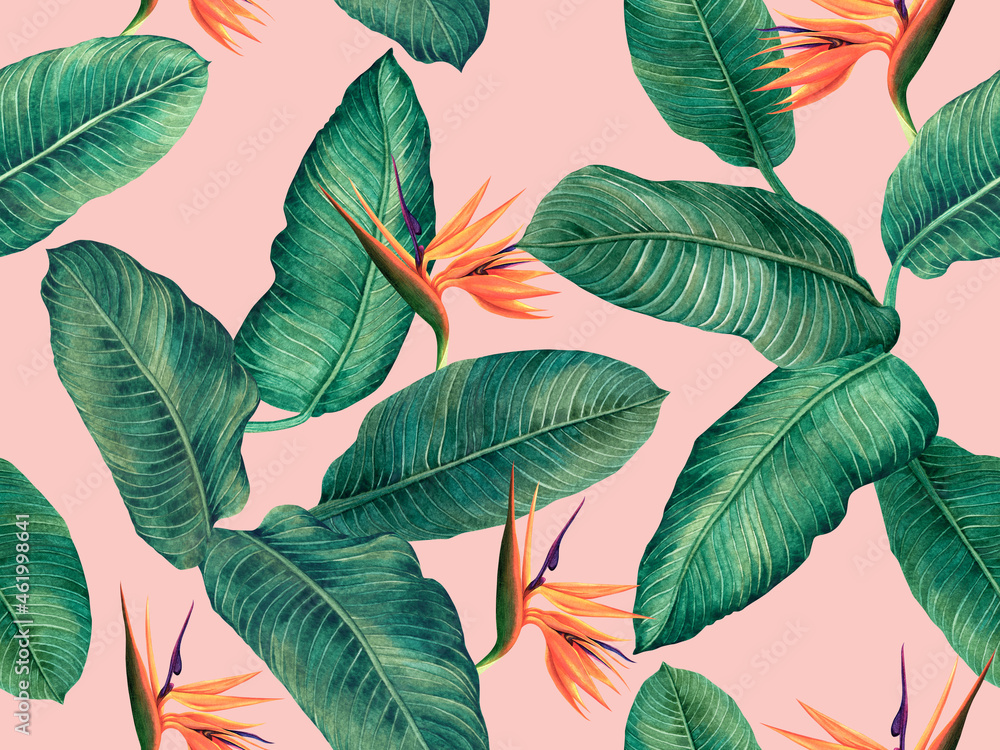 Watercolor painting bird of paradise with green leaves seamless pattern background.Watercolor hand drawn illustration tropical exotic leaf prints for wallpaper,textile Hawaii aloha jungle pattern. - obrazy, fototapety, plakaty 