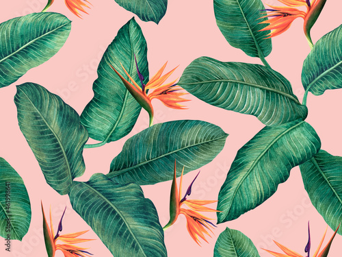 Fototapeta Naklejka Na Ścianę i Meble -  Watercolor painting bird of paradise with green leaves seamless pattern background.Watercolor hand drawn illustration tropical exotic leaf prints for wallpaper,textile Hawaii aloha jungle pattern.