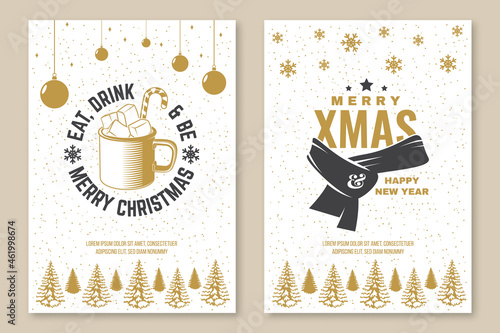 Set of Merry Christmas and Happy New Year poster, flyer, greeting cards with winter scarf, forest landscape, mug of hot chocolate. Vector. Vintage design for xmas, new year emblem.