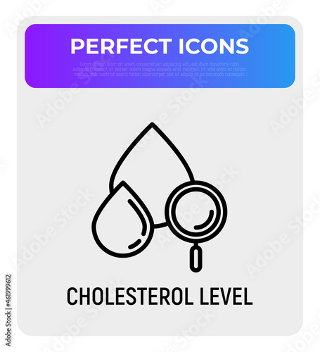 Cholesterol level thin line icon, blood drop with magnifying glass. Modern vector illustration of blood test.