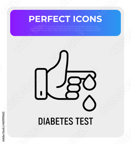Diabetes test thin line icon, drop of blood from finger. Blood test. Modern vector illustration of laboratory research.