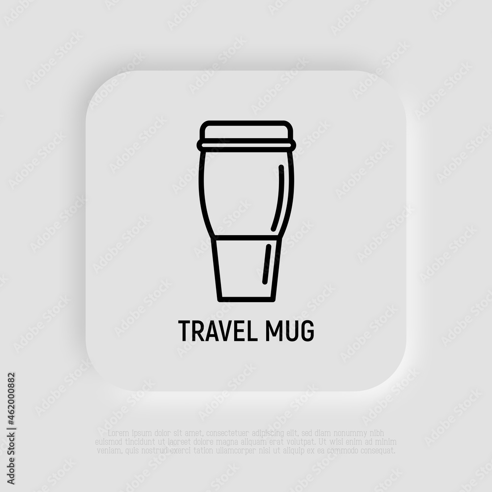 Travel mug thin line icon. Promotional product. Modern vector illustration of thermos for beverages. Travel mug thin line icon. Promotional product. Modern vector illustration of thermos for beverages.