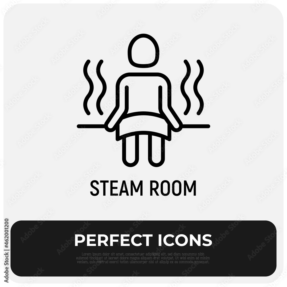 Steam room thin line icon: man sitting in sauna on bench. Modern vector illustration. Steam room thin line icon: man sitting in sauna on bench. Modern vector illustration.
