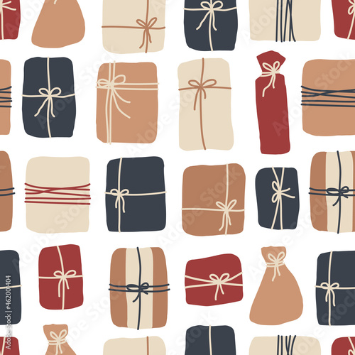 Hand drawn pastel gifts or presents seamless pattern for Christmas time or Birthday. Vector illustration in beige, blue, red colors on white background