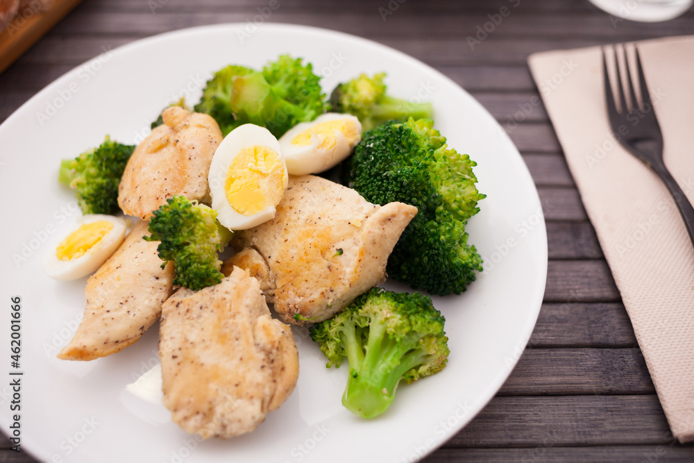 chicken breast with broccoli and quail eggs on plate for healthy dinner chicken breast with broccoli and quail eggs on plate for healthy dinner