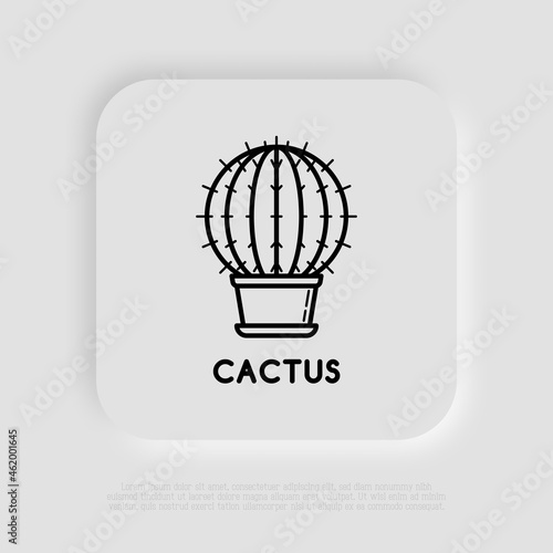 Cactus with prickles in pot thin line icon. Modern vector illustration of home plant.