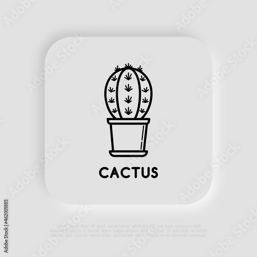 Cactus with prickles in pot thin line icon. Modern vector illustration of home plant.