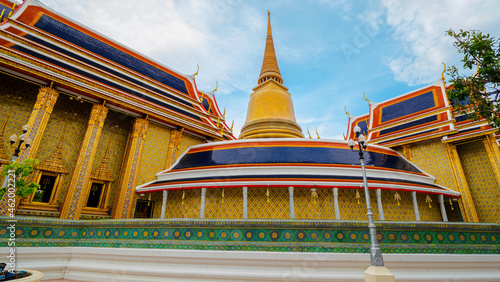 Beautiful landscape of Wat Ratchabophit Sathitmahasimaram Ratchaworawihan under blue sky and white cloud in Bangkok, Thailand. Thai Temple landmarks photo