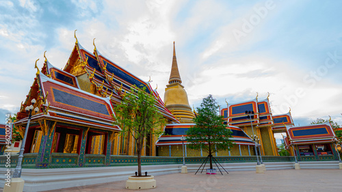 Beautiful landscape of Wat Ratchabophit Sathitmahasimaram Ratchaworawihan under blue sky and white cloud in Bangkok, Thailand. Thai Temple landmarks