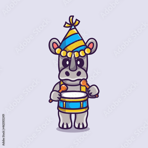 cute rhino celebrates new year playing drums