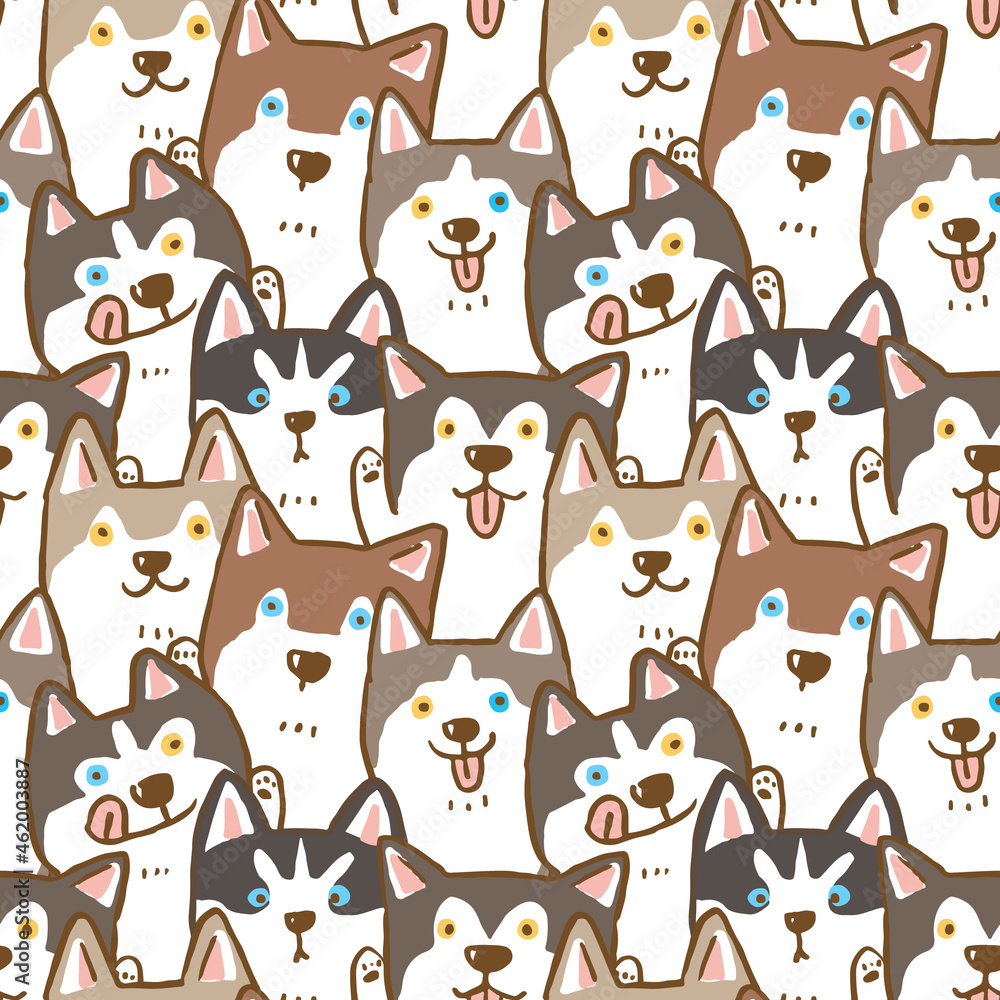 Seamless Pattern of Cartoon Siberian Husky Dog Illustration Seamless Pattern of Cartoon Siberian Husky Dog Illustration