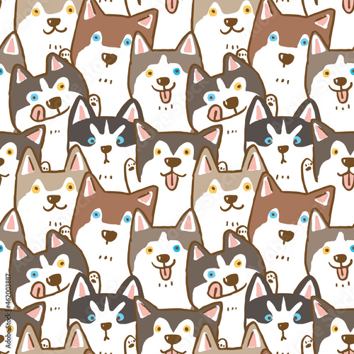 Fototapeta Naklejka Na Ścianę i Meble -  Seamless Pattern of Cartoon Siberian Husky Dog Illustration