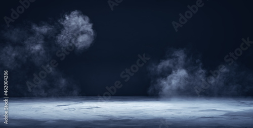 Gray textured concrete platform, podium or table with smoke in the dark