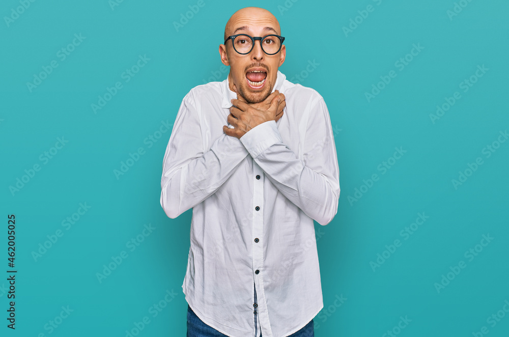 Bald man with beard wearing business shirt and glasses shouting and suffocate because painful strangle. health problem. asphyxiate and suicide concept. Bald man with beard wearing business shirt and glasses shouting and suffocate because painful strangle. health problem. asphyxiate and suicide concept.