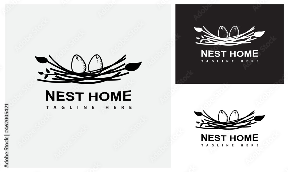 Nest Home Logo Design Template With Bird Egg. A Bird Laying Eggs In Her Nest.