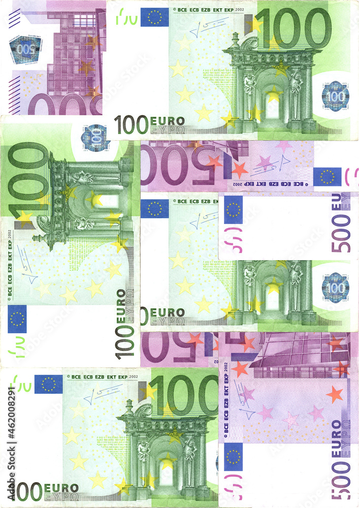 Euro bills seamless pattern from laid out European currency banknotes. Texture for gift paper or fabric.