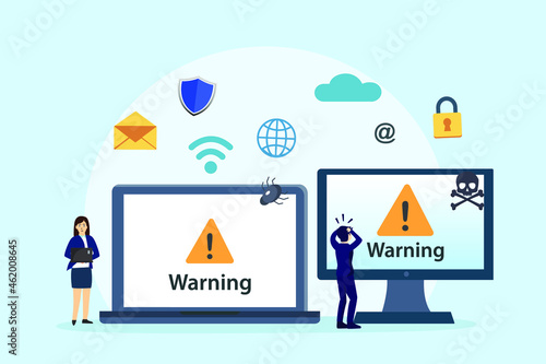 Warning vector concept. Two people looks stressed while using computer with warning sign