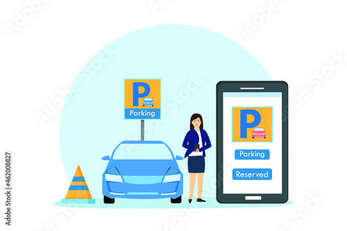 Young woman using a mobile phone apps to reserved car parking while standing with her car