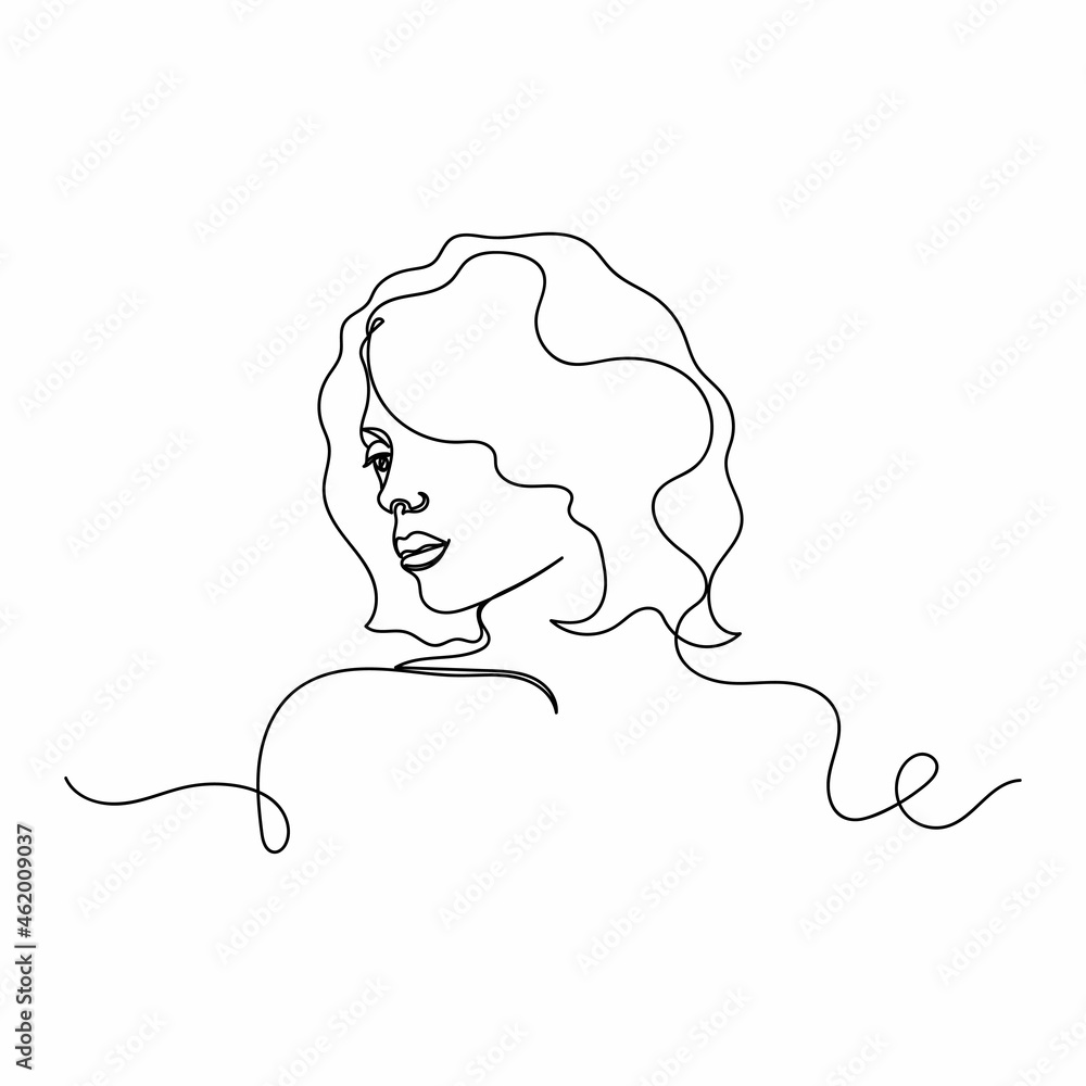 Continuous one line drawing of abstract woman face with short bob hair in silhouette on a white background. Linear stylized. Continuous one line drawing of abstract woman face with short bob hair in silhouette on a white background. Linear stylized.