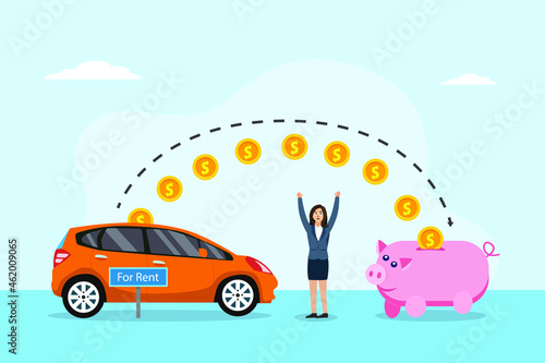 Income vector concept. Businesswoman expressing happy while getting money by rents car