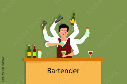 Multitasking vector concept. Male bartender doing multitask with many hands while mixing drinks in the cafe