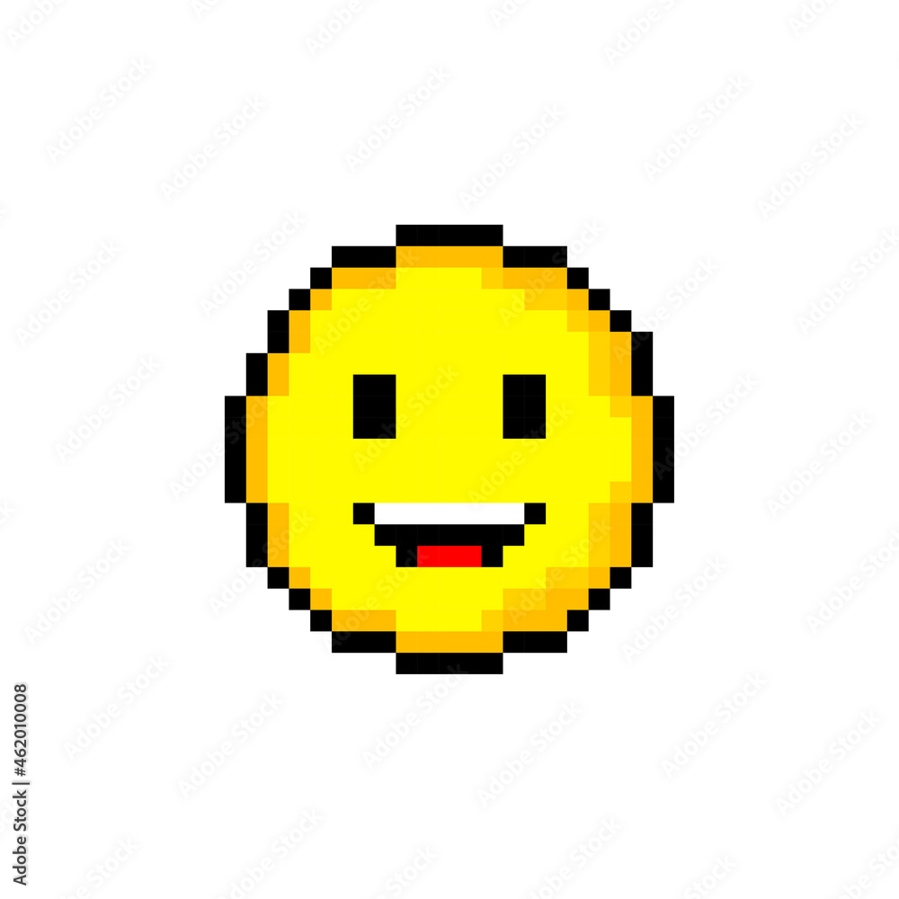 Pixel 8 bit yellow circle with smile. Isolated object on white background. Emotion sign. Vector illustration. Pixel 8 bit yellow circle with smile. Isolated object on white background. Emotion sign. Vector illustration.