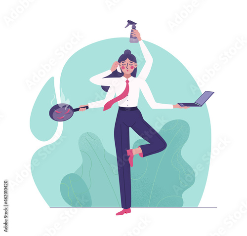 Busy woman with many hands. Housewife and businesswoman. Goddess Lakshmi. Multitasking. Business woman does housework and works. Keep calm. Many affairs. Vector stock flat style illustration isolated.