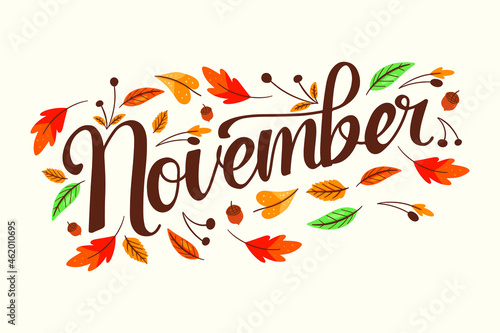 November Hand Lettering with Autumn Leaves Hand Drawn Decoration