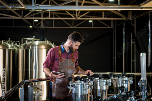 Young male brewer in leather apron supervising the process of beer fermentation at modern brewery factory